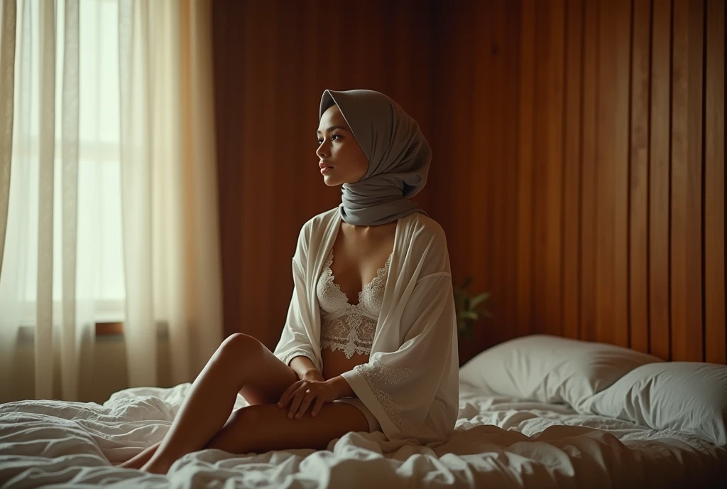 a beautiful Indonesian woman wearing a hijab, slim, 32 years old wearing a robe with buttons open, bra visible, is sitting on the body of a 14 year old age boy on a bed, in a room with wooden plank walls, at night