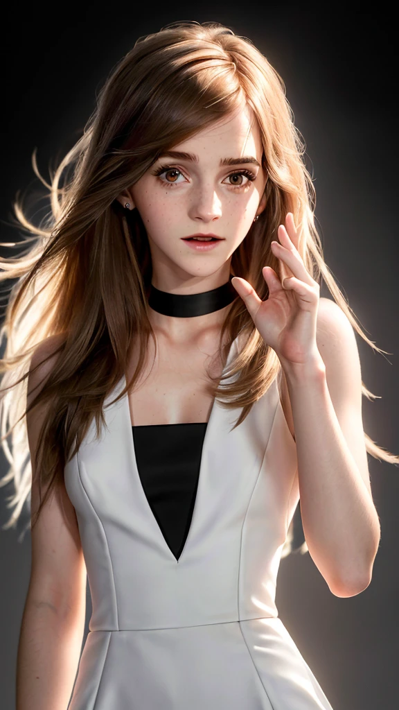 (masterpiece), thin, white skin, (Big Breasts, Long Straight Hair) ((Emma Watson)), 25 years old, Red slit Dress, (fist raised up, happy face, white background), (Top quality, 4k, 8K, high resolution, Masterpiece: 1.2), Super detail, (realistic, photo realistic, photo-realistic: 1.37)