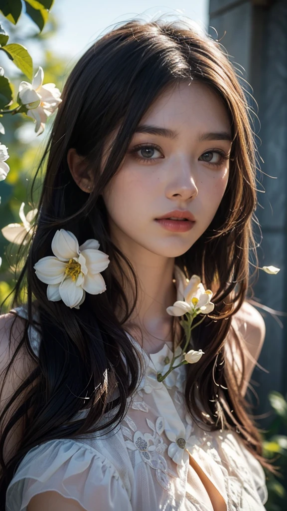 A captivating digital art portrait of a young woman surrounded by a vibrant array of flowers. Her wavy, dark blue hair frames her face, blending seamlessly with the floral elements around her. The flowers, in shades of orange, blue, and white, create a striking contrast against her pale skin. She gazes directly at the viewer with an intense, almost ethereal expression. The intricate details of the petals and leaves intertwine with her hair, giving the impression that she is one with nature. The overall composition is both delicate and dramatic, evoking a sense of mystery and enchantment.