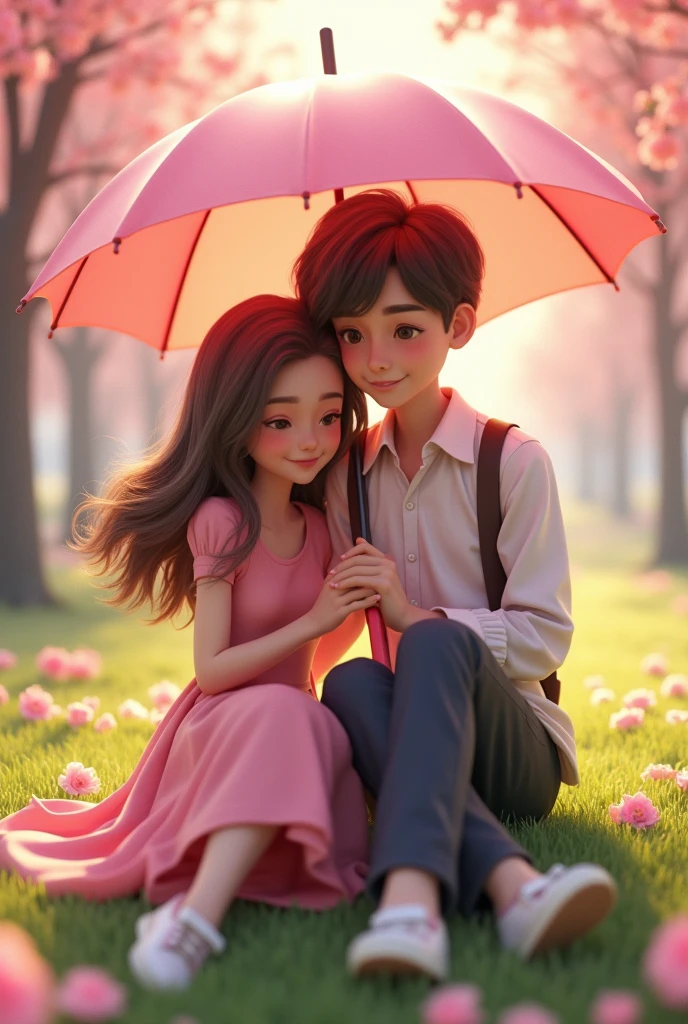 A 3D pic A girl is sitting next to a boy Girl's head is on the boy's shoulder Girl is holding an umbrella They are wearing a pink dress and the umbrella is pink Both of them have white shoes on their feet Boy's name is Tabin on the dress Boy and girl are mature The boy and girl will look beautiful