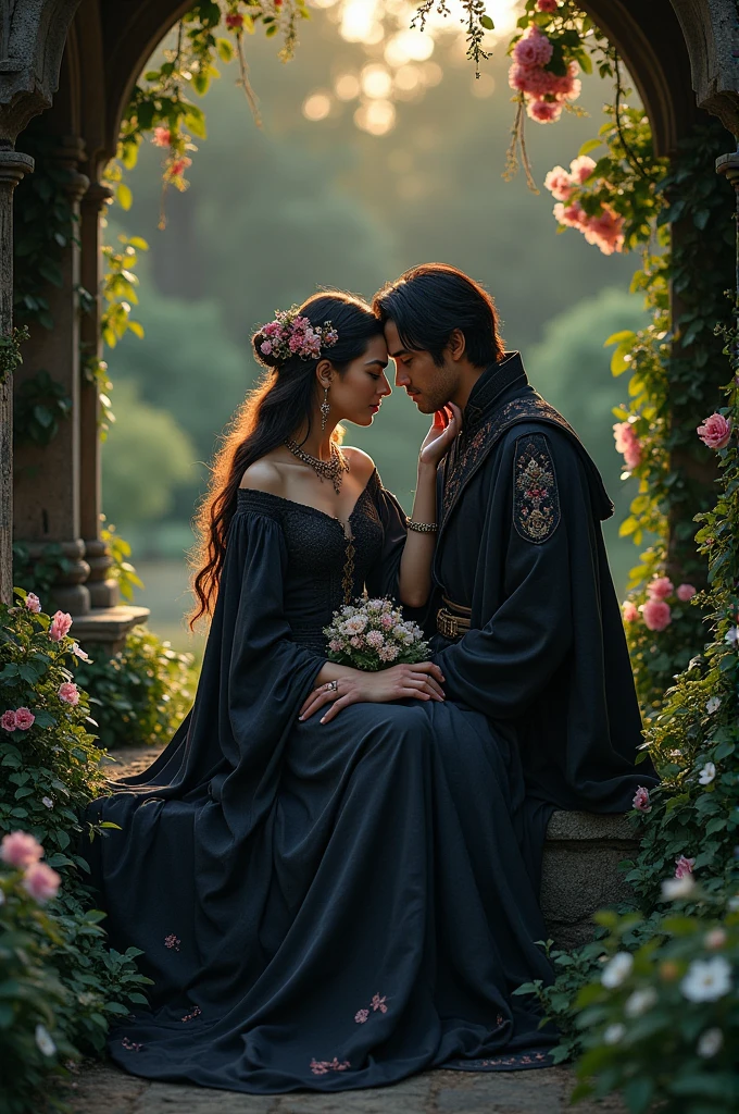 “In a mystical, secluded garden, a beautiful woman with flowing hair and ornate, exotic clothing sits on the lap of a Hashashin assassin. The Hashashin, dressed in dark robes with traditional attire, holds her gently, their expressions conveying a deep connection. The surroundings are filled with ancient, stone structures, lush greenery, and the soft glow of twilight, creating a mysterious and intimate atmosphere.”
