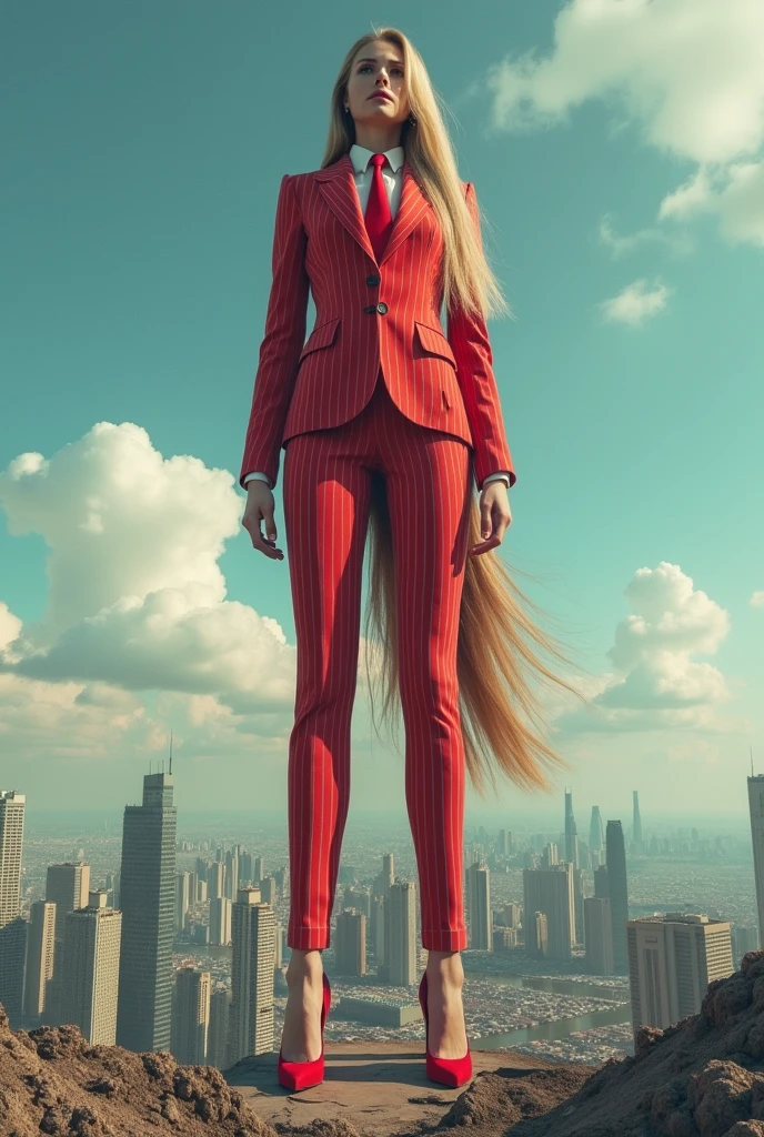 Highly detailed Giantess shot, Giant, long hair, A women who is 10 mile tall, big breasts, red pinstriped suit, wide red tie, high heels, very small metropolis, miniature metropolis, crush the big city, full body description, GTS, Giga Goddess, Stomping City, crash city, micro city, High resolution, highest quality, masterpiece,