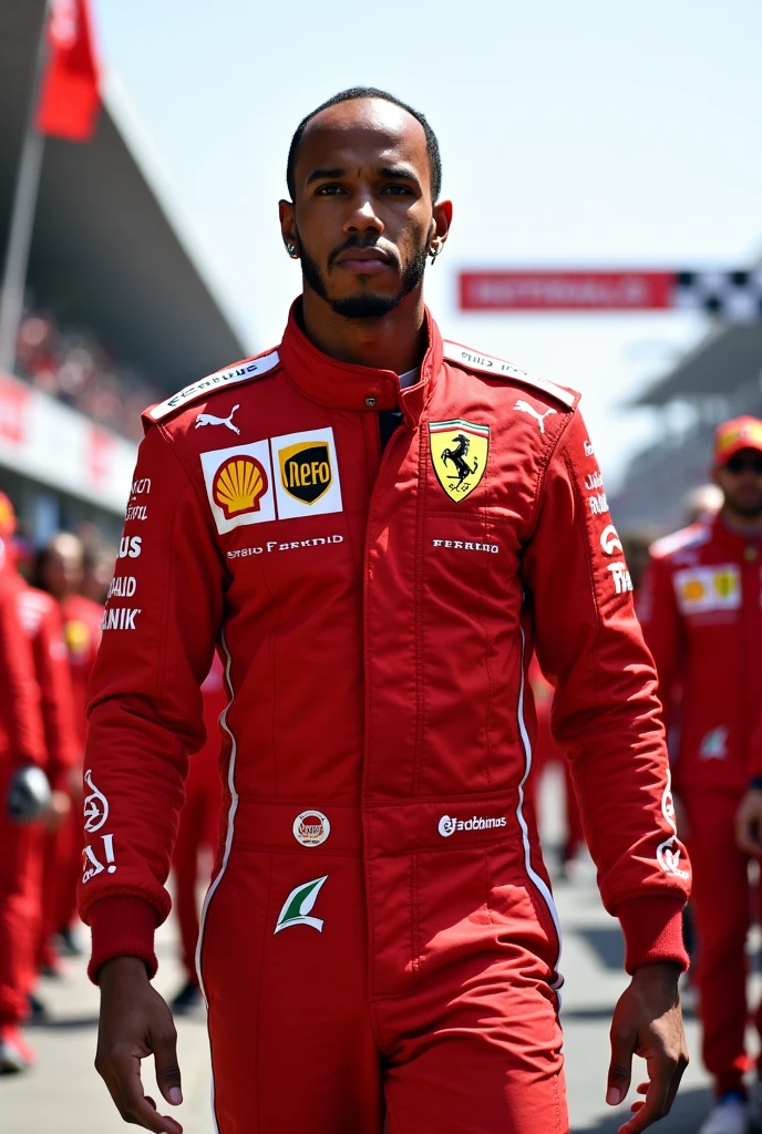 Lewis Hamilton wearing the Ferrari F1 race suit