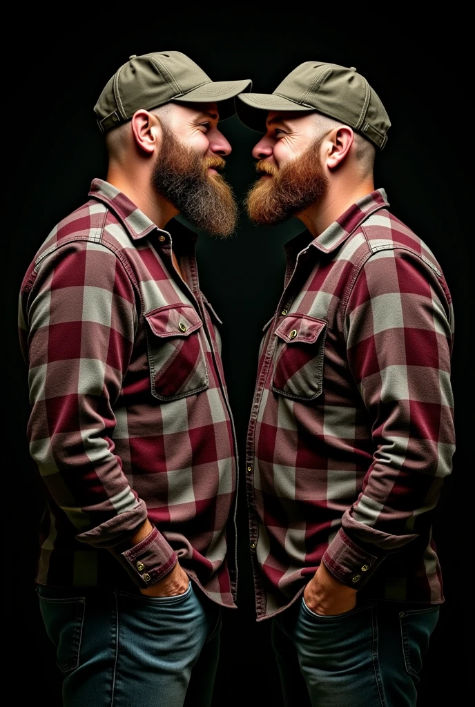"Create a professional studio-style photograph featuring two middle-aged, burly, and rugged men in lumberjack attire. They have beards, caps, checkered shirts, and worn-out jeans. They are facing each other, their faces almost close, in a romantic and virile scene. Utilize all appropriate lighting techniques for studio photography. The background should be black."