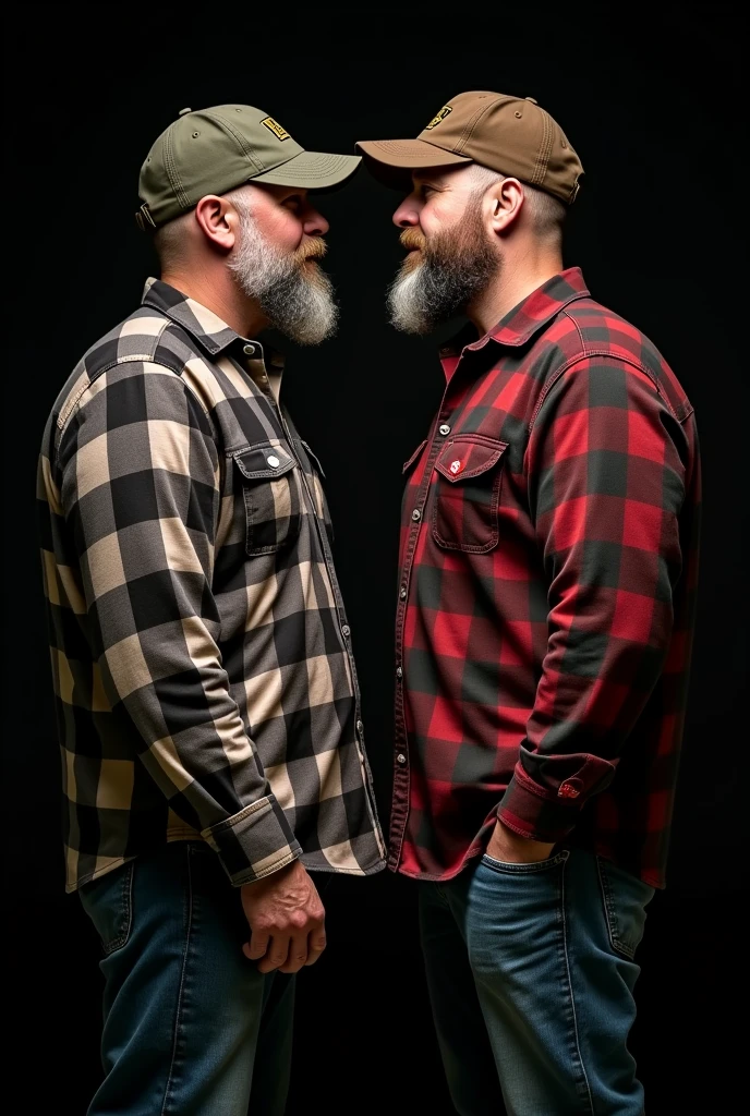 "Create a professional studio-style photograph featuring two middle-aged, burly, and rugged men in lumberjack attire. They have beards, caps, checkered shirts, and worn-out jeans. They are facing each other, their faces almost close, in a romantic and virile scene. Utilize all appropriate lighting techniques for studio photography. The background should be black."