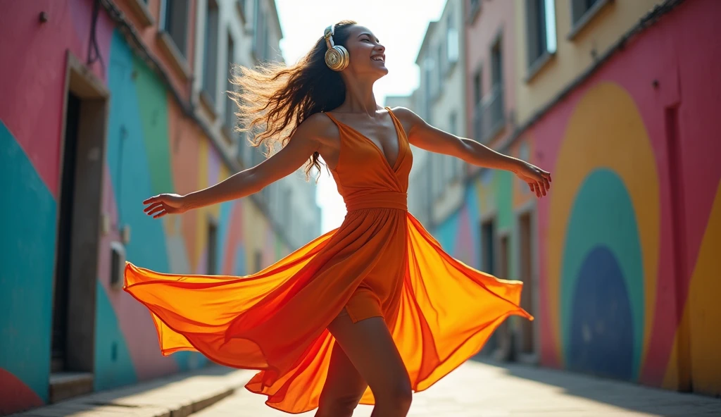 une personne qui dance et que l'on voit tout son corps.de la téte au pied, la personne porte une robe et elle tourne sur elle méme avec des ecouteur et de la musique