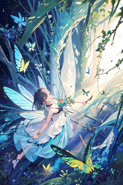 ((Highest quality)), ((masterpiece)), (detailed), Absurd resolution, High resolution, 非常にdetailedな, One girl,Butterfly wings growing from its back,Butterfly fairy emerging from a cocoon,Fairy Forest, From above, space, Fantasy