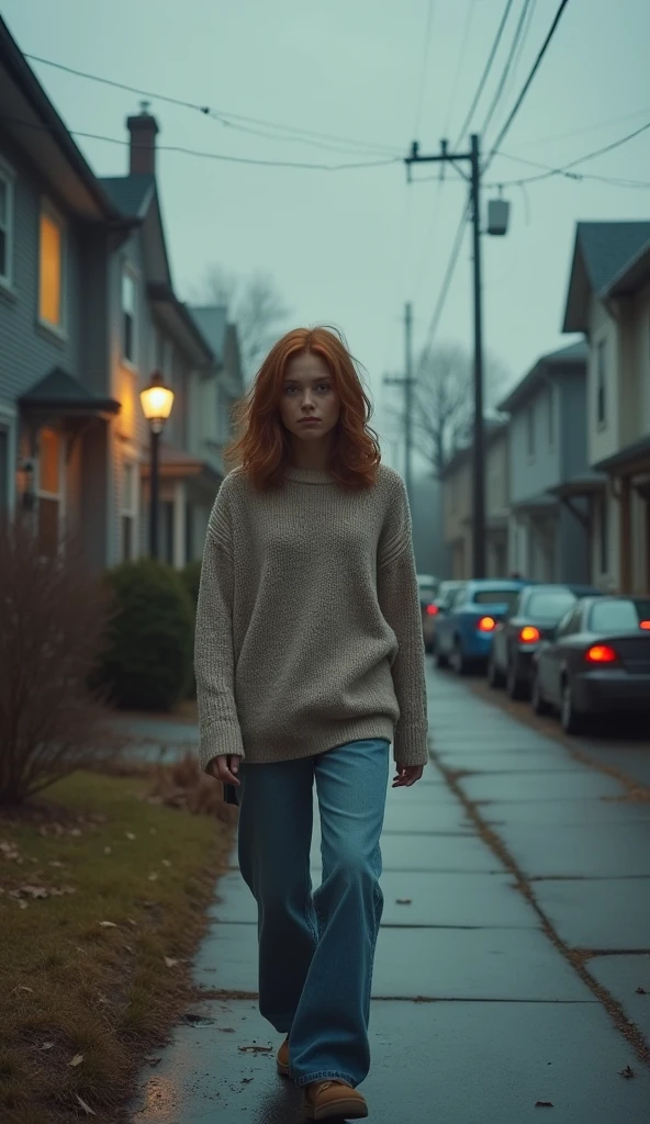 Depict a character stepping outside their home into the eerily still neighborhood. The world is frozen in time—no birds in the sky, cars on the road are immobile, and everything is eerily silent. The character looks confused and concerned as they try to comprehend what’s happening.