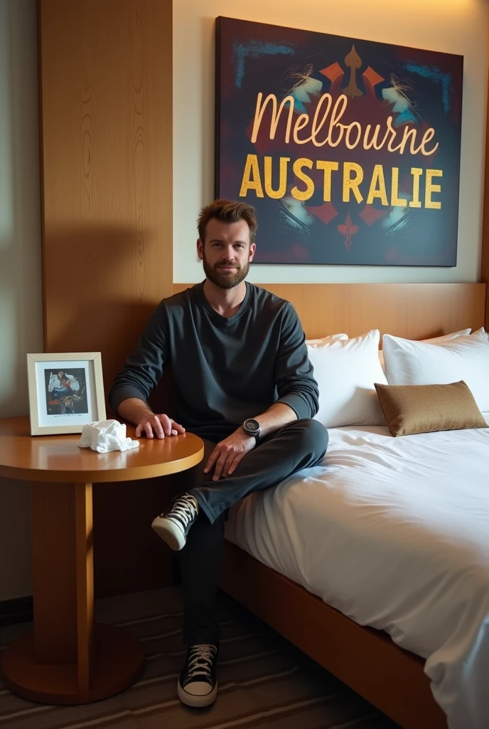 Homme caucasien grand de taille, charmant, un peu costaud, habillé en pantalon et tee-shirt manche longue, assis ou adossé sur une table dans une grande chambre d'hôtel, sur la table qu'il y ait également un papier mouchoir déjà utilisé sur la table et sur le lit de l'hôtel qu'il soit déposer un cadre photo grand ou moyen qu'il est possible de faire arrêter sur le lit et faire face à la caméra et sur le mur du chevet du lit un tableau sur lequel il est écrit en français : Melbourne AUSTRALIE et autour de la phrase qu'il y ait les emblèmes du CANADA QUÉBEC ou le drapeau du CANADA QUÉBEC