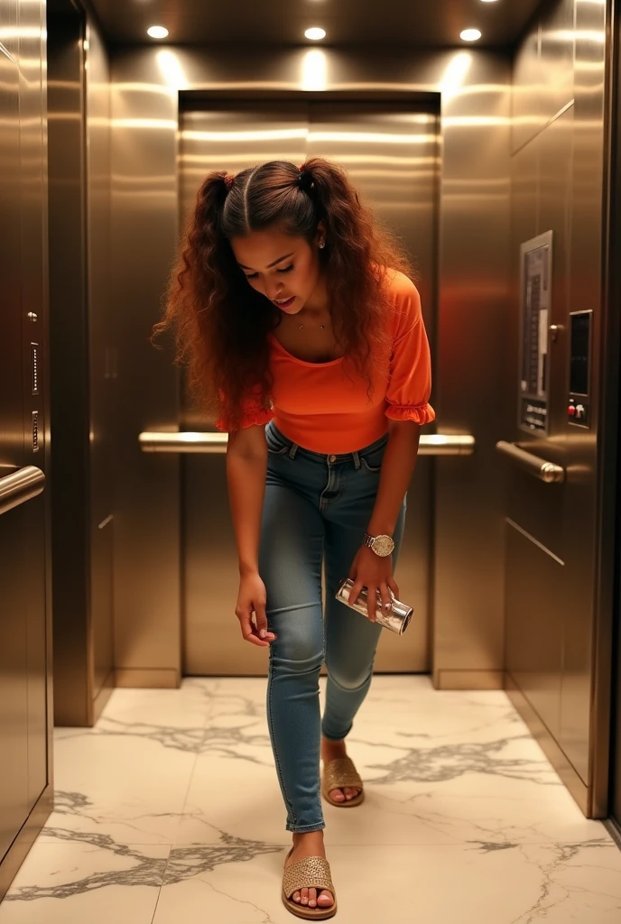 Curvy Latina girl in the elevator with pigtails leans down to pick something up on the floor. realistic