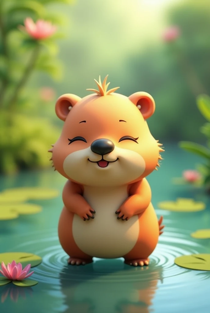 cute 3D mascot greater water capybara, Hydrochoerus hydrochaeris,  3d chibi style, simple cute, kawai, smallest squinting eyes, black muzzle, tailless, small nose, A pose symmetrical character