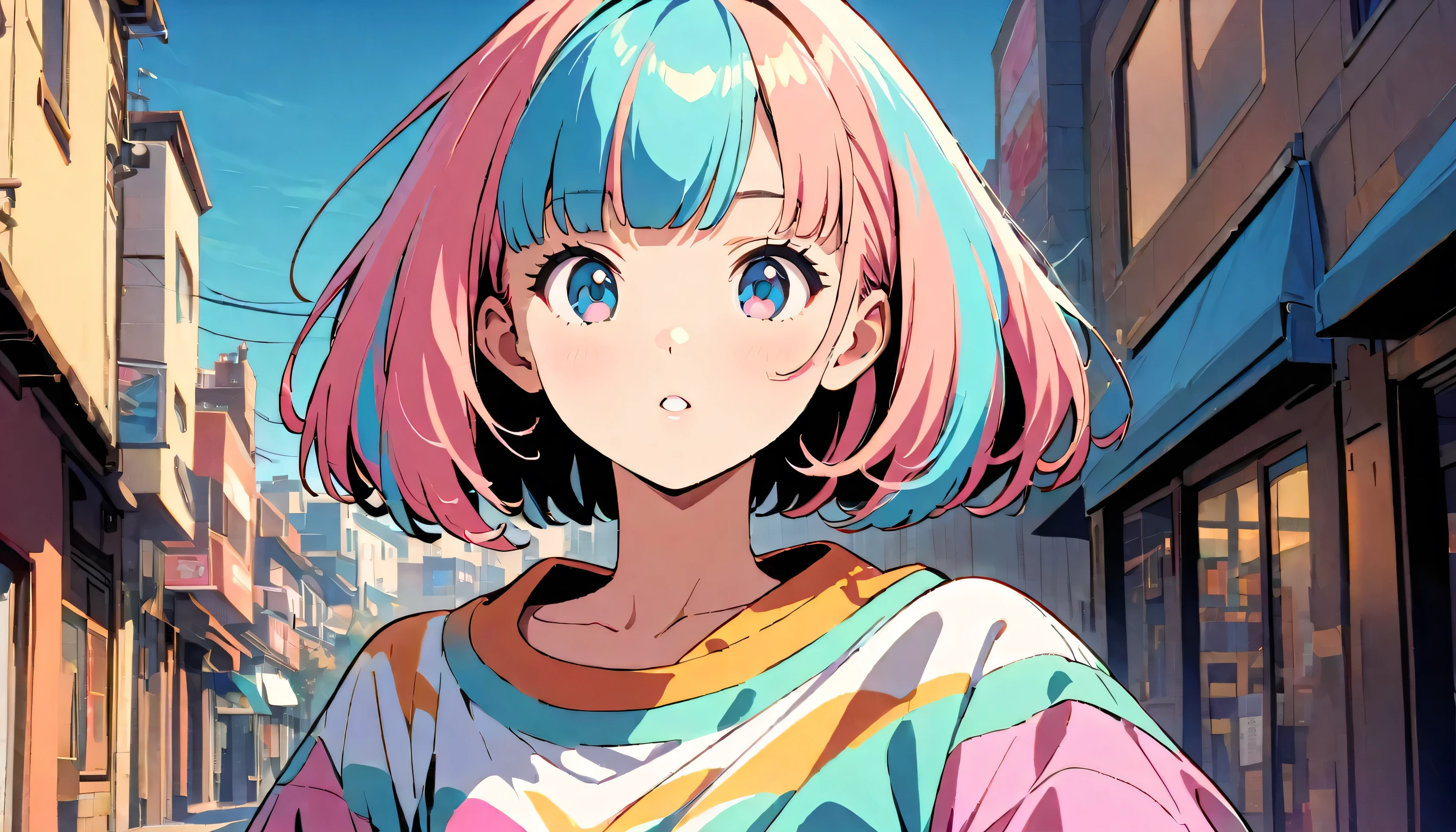 (Highest quality:1.2, City Pop Style, Very detailed, up to date, Vibrant, High Contrast, masterpiece:1.2, Highest quality, Best aesthetics), , ((Face Up Shot:1.4)), Colorful Hair, Bobcut, pastel colour, 1990s style, ((Retro, Vintage, Japanese background in the 1990s、In town、building)) Headphones,Black and White,night、lo-fi