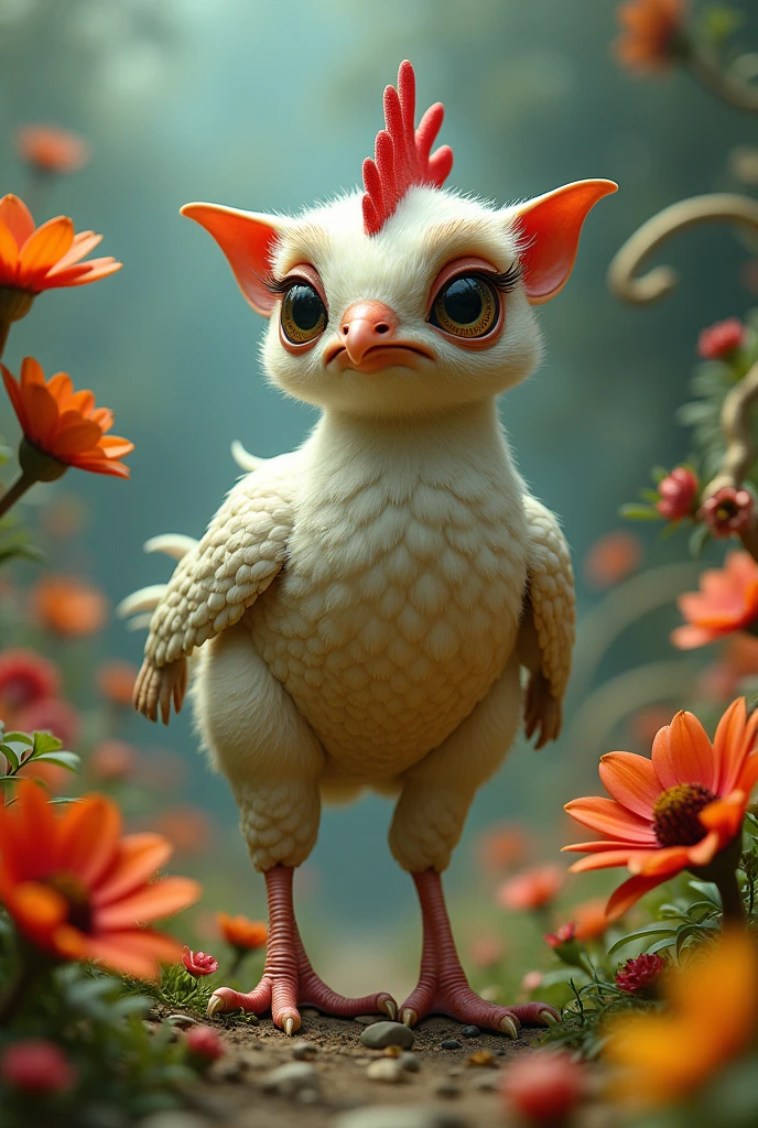 A human with chicken-like legs, has large nostrils, thick and large eyebrows, and narrow eyes
