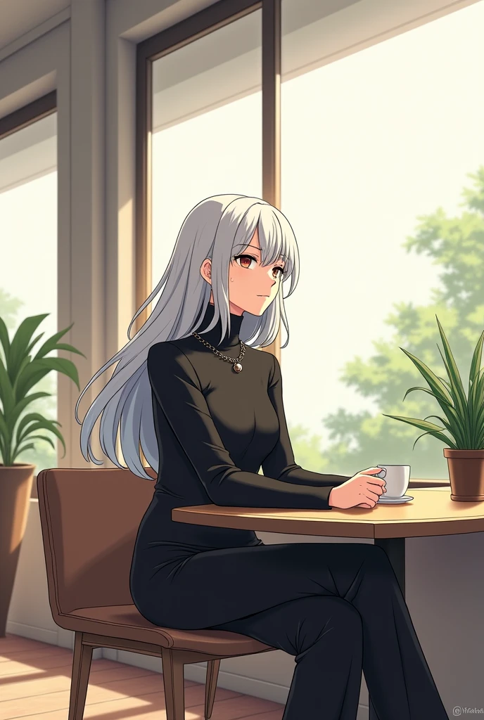 A mature, black-clad woman with white hair, the CEO of a company, is sitting in a minimalist cafe. The image should be in anime line art style.