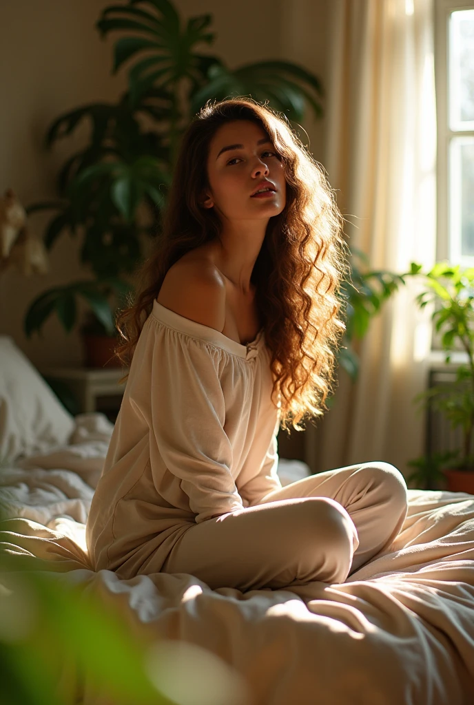 (photorealism:1.2), beautiful woman, sitting on bed, wearing loose off-shoulder top, pajama pants, long curly hair, indoors, soft lighting, plants in background, window with sunlight, cozy room, relaxed pose, realistic, intricate details, warm colors, by Greg Rutkowski, by Alphonse Mucha