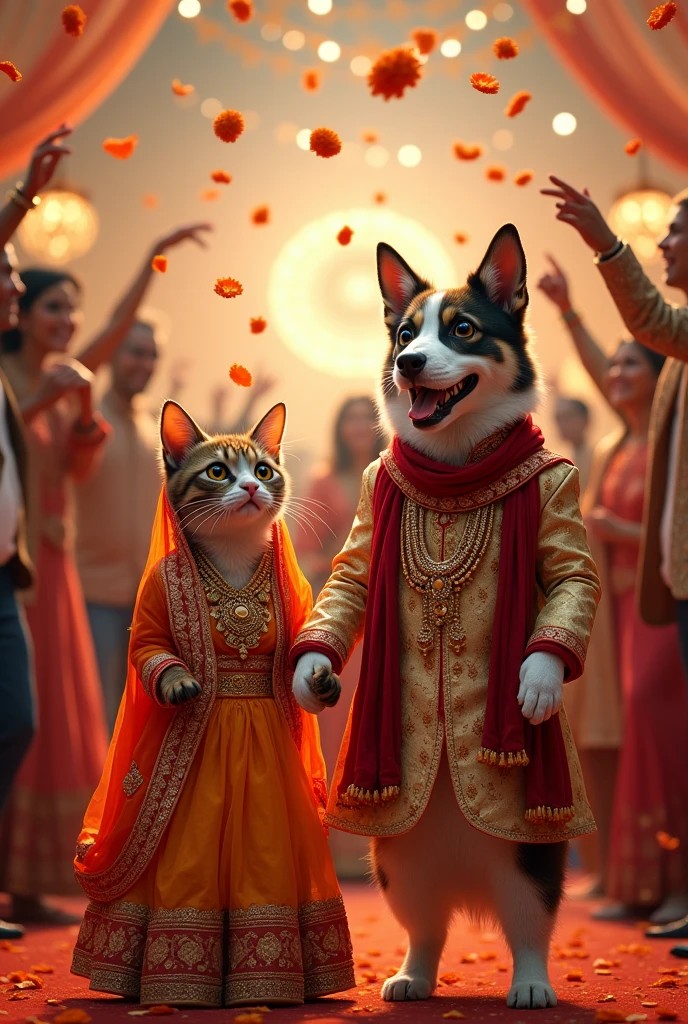 A cat getting married with dog Indian wedding people enjoying