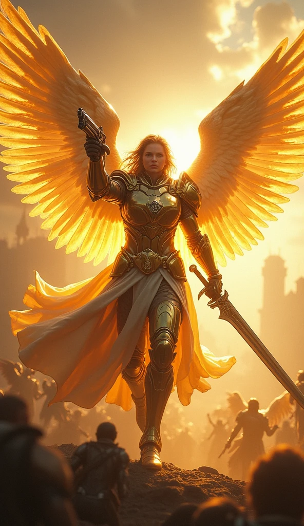 realistic, fantasy, full body shot, low angle shot, archangel descending from heaven, in modern glowing gold armor, holding a long silver two-handed sword in one hand and gun in the other, aiming from gun to viewer, huge and majestic Angels wings,  majestic and menacing, arousing fear among the enemy, dark but on light colors, war between Angels and demons