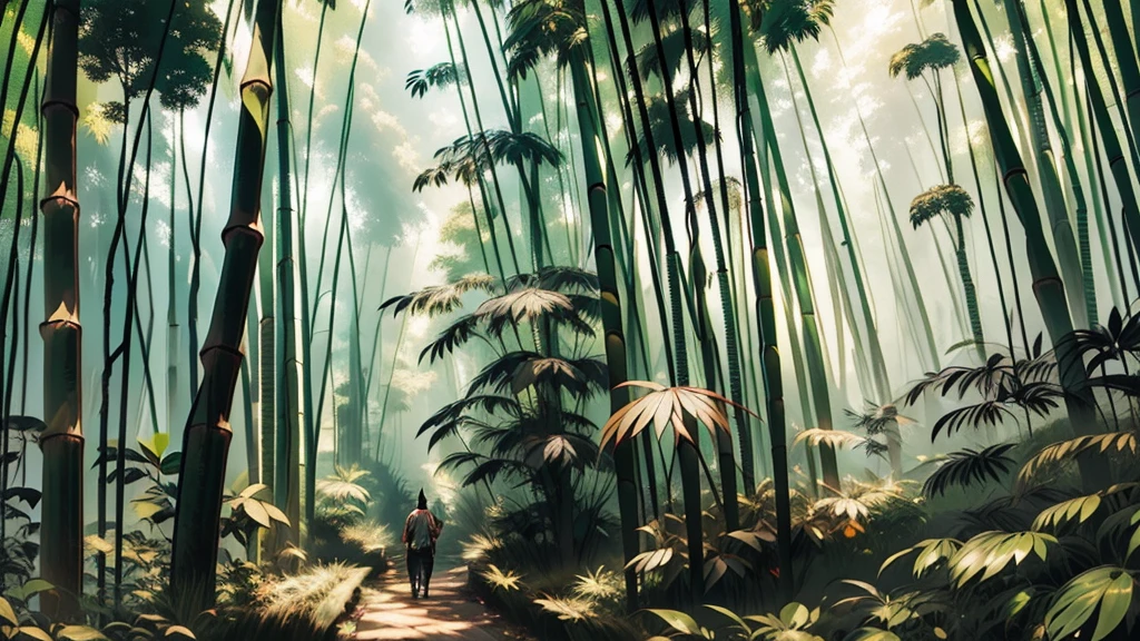 beautiful bamboo forest landscape, green tones, dayligth, from Brian Froud and Carne Griffiths and Wadim Kashin and John William Waterhouse, 8K post-production, high resolution, hiperdetailed, trending in artstation, sharp-focus, Studio photo, from Greg Rutkowski