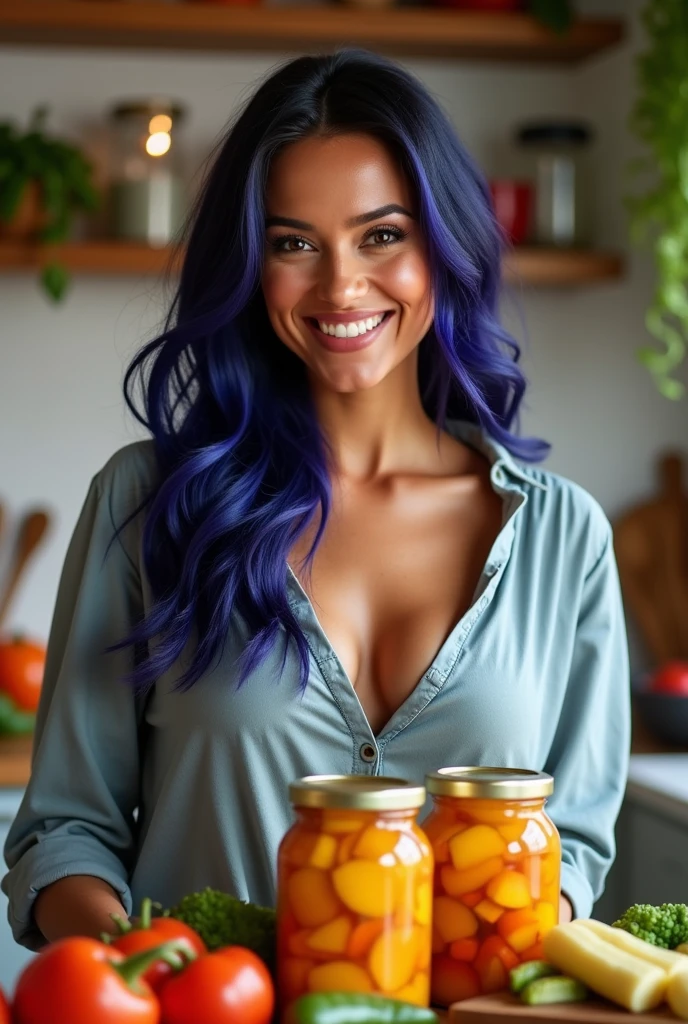 "A smiling woman facing the camera. She is wearing an outfit that reveals her cleavage, complemented by very deep blue-purple hair styled in flowing waves, adding depth and dimension. The hair shimmers under the light, highlighting its rich texture. The background features a cozy kitchen with various utensils and food items. In the foreground, there are two jars filled with vibrant pickles, with clear labels visible. The image includes contrasting text that says 'Packaged' to emphasize."
