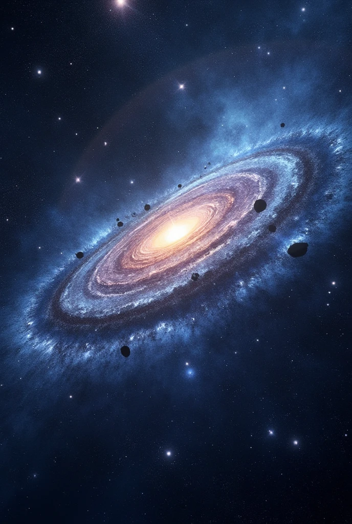 "A vast cosmic scene with countless stars and galaxies spread across the dark expanse of space, featuring spiral, elliptical galaxies glowing in hues of blue, purple, and white, with bright nebulae adding depth to the dark background. The scene should evoke a sense of the infinite and majestic beauty of the universe."