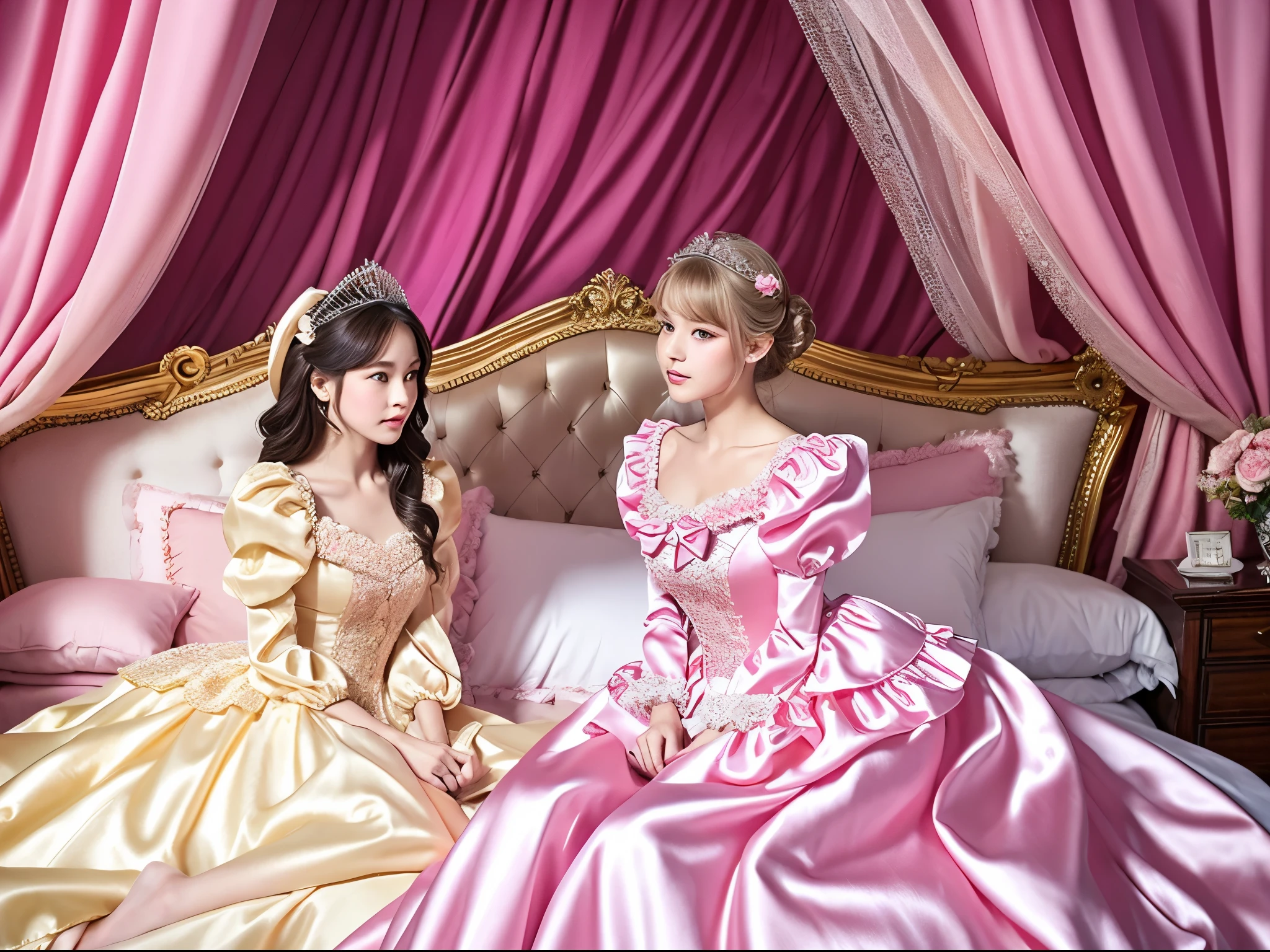 highest quality, masterpiece, highest resolution, artwork, super それにget used to it, many get used to it, get used to it, それにget used to it, 3k realistic pictures,,((10 year old s)),Ultra-detailed juvenile face,ultra-detailed beautiful little girl princess,full length ball gown dress with hoop skirt,ruffled yoke collar,puff sleeves,long sleeve,((Lolita style hot pink iled princess satin dress with lots of ruffles and ribbons)),Rococo style lolita fashion,shiny satinss,Soft and smooth fabric,detailed princess dress,luxury,long blonde hair,blue eyes,white skin european,Pajama,((in the bedroom of the palace)),luxury princess canopy king size pink bed,shiny satin sheets,ultra-detailed princess bed,High-quality background,lot of frilled pillows,on the bed,