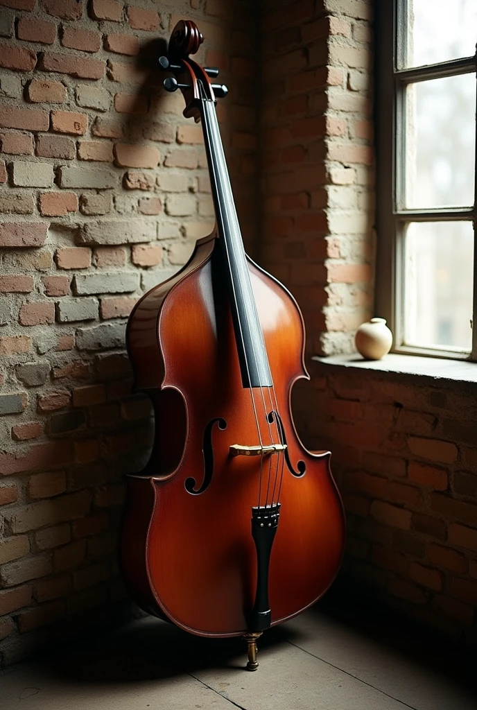 A double bass leaving against a wall slightly low quality picture
