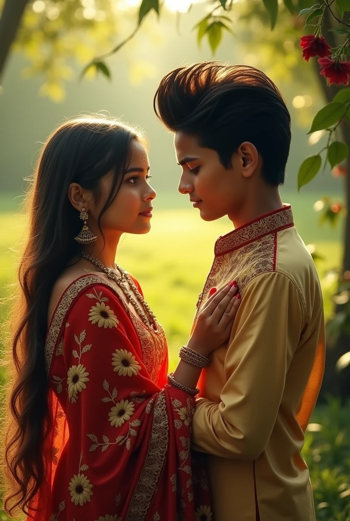 Girl, Brown hair, long, hazel eyes, looking weakly at a green-eyed boy, high, black hair, The girl is wearing an Indian dress, and the boy is dressed as an Indian