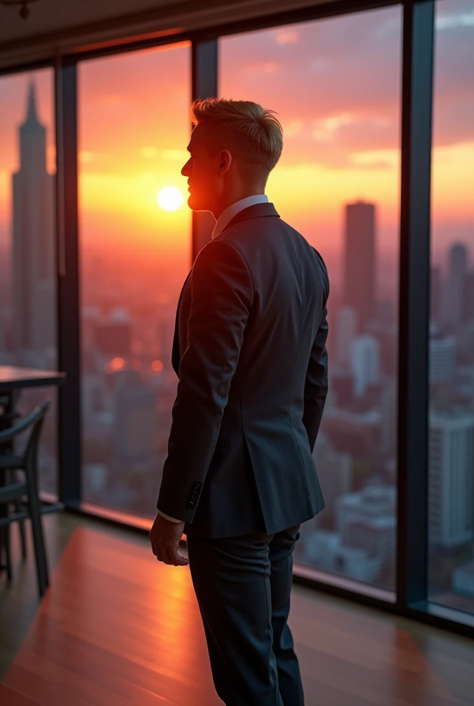 Make me a photo of a man who has blonde hair, wearing suit, standing infront of a glass window as he watches the sunset from his office. The perspective is from his right back so we don't need to see his face