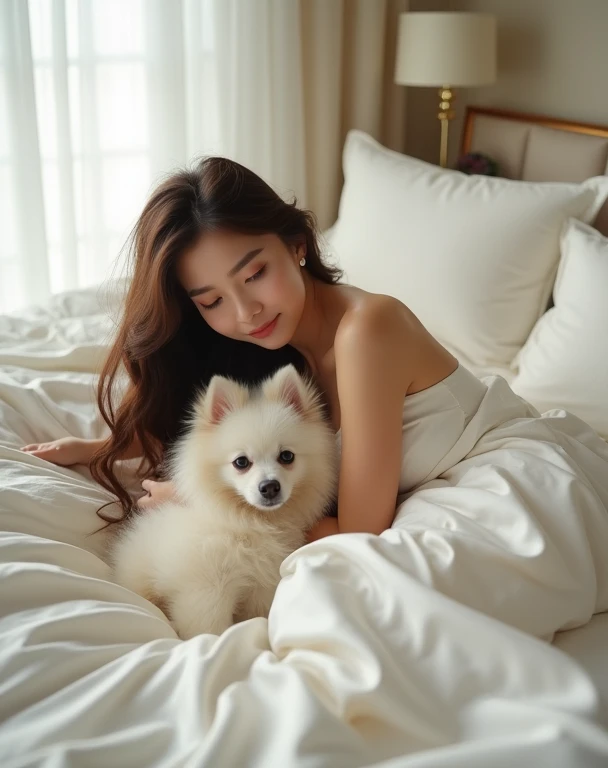 A beautiful young woman with fair skin in a luxurious white interior bedroom.,brown long hair,D cup chest,
White Pomeranian lying on the bed together,White silk bedding,Clear photos