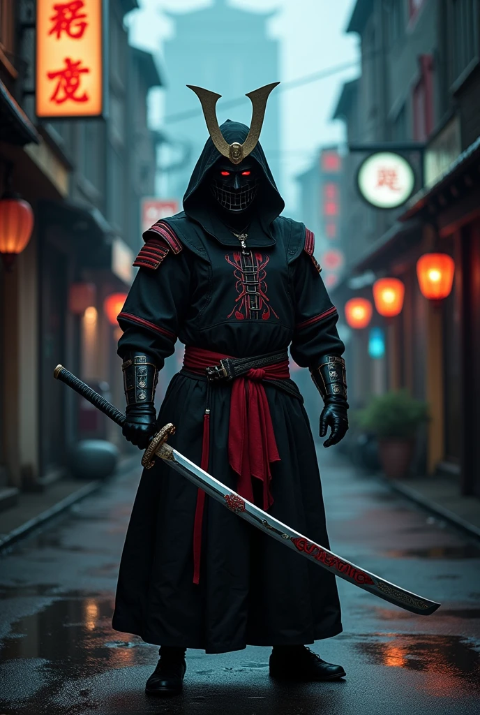 A masked man wearing a samurai sword with the name GALANG written on his shirt