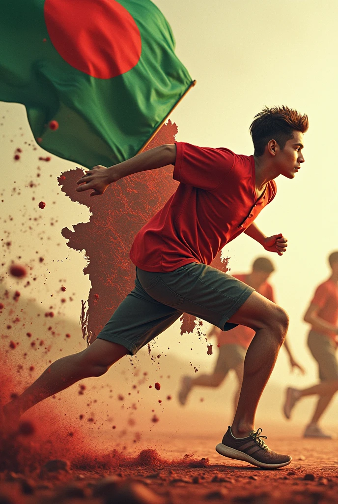 A 3D young man run with a Bangladesh flag in his hand. Background picture is Bangladesh map with blood