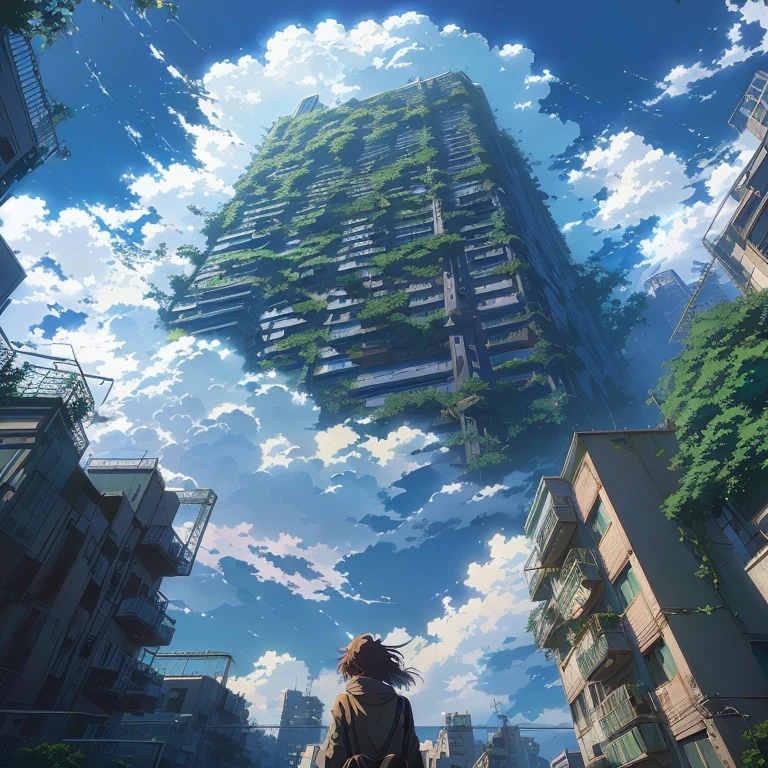 anime - style painting of a woman looking up at a tall building, overgrowth. by makoto shinkai, in style of makoto shinkai, makoto shinkai. high detail, style of makoto shinkai, anime style cityscape, octane render. by makoto shinkai, floating city in the sky, city in the sky, ((The whole building is covered in ivy))