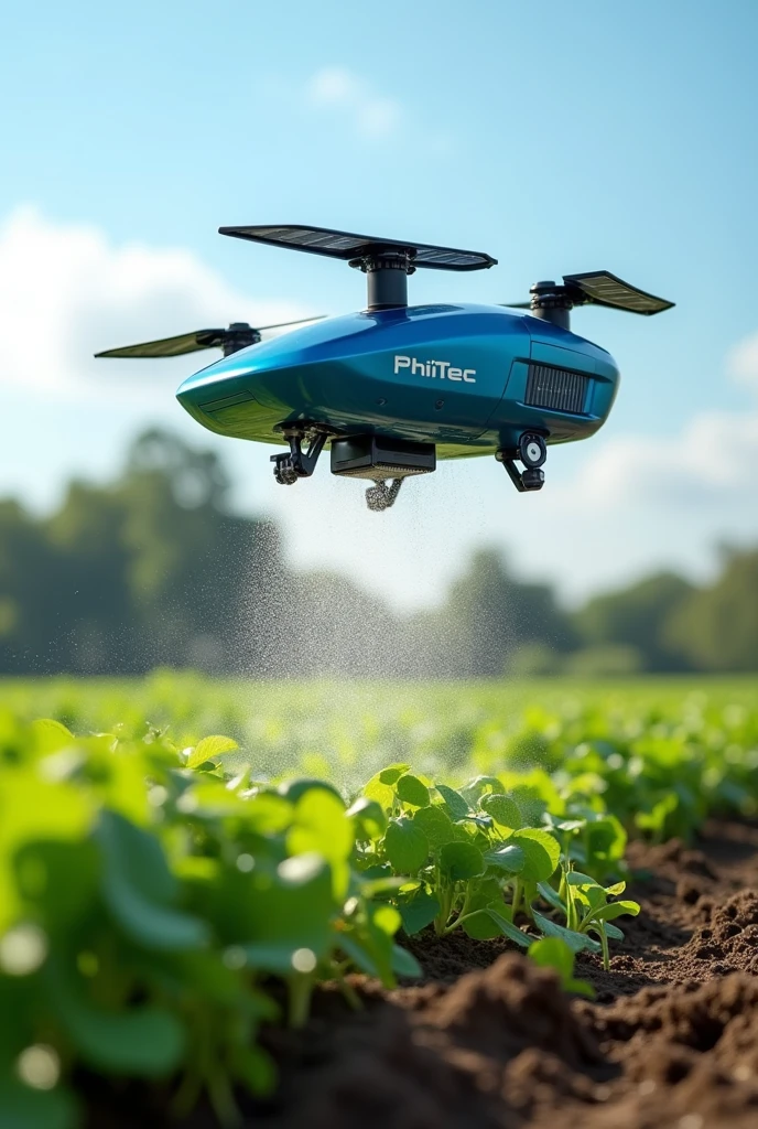 Electric spray pump that double as a drone to help in irrigation and spray chemicals on farm plants powered by ai and a battery with a solar panel with company name RhiTec
