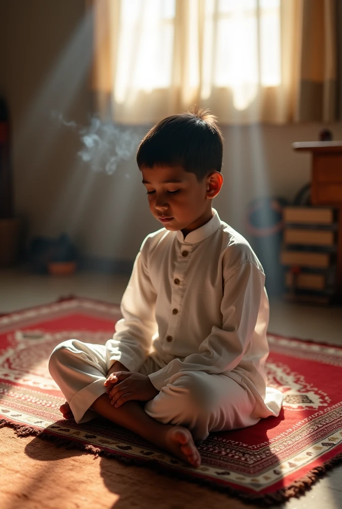 A Bangladeshi Muslim boy sits in a house and pray salat 