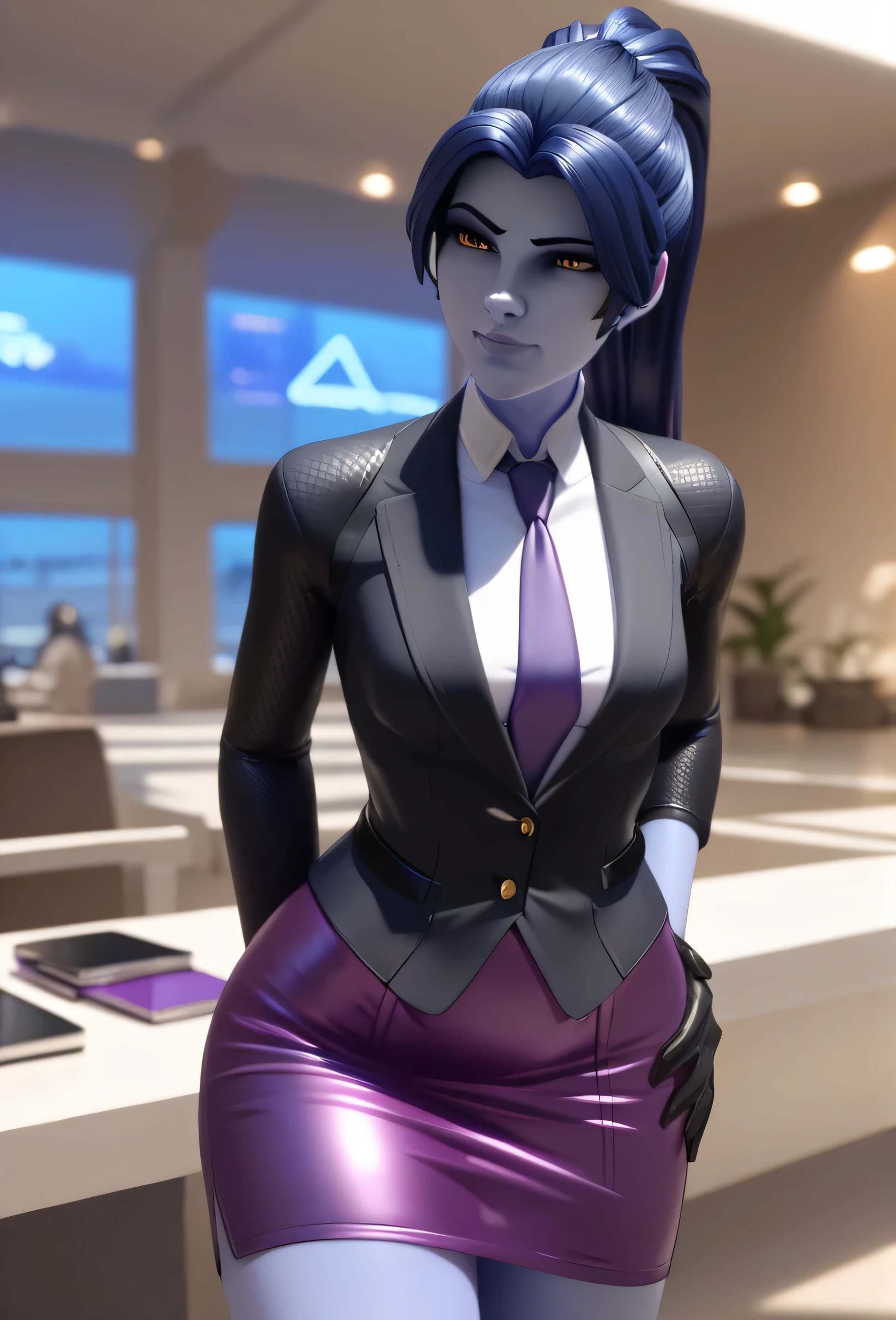score_9, score_8_up, score_7_up, score_6_up, score_5_up, score_4_up, 3d,
owwidowmaker, smirk, purple skirt suit, (((three-piece suit))), (((dress shirt))), (((purple necktie))), (((blazer))), (((suit jacket))), (((waistcoat))), double-breasted waistcoat, (((bodycon pencil skirt))