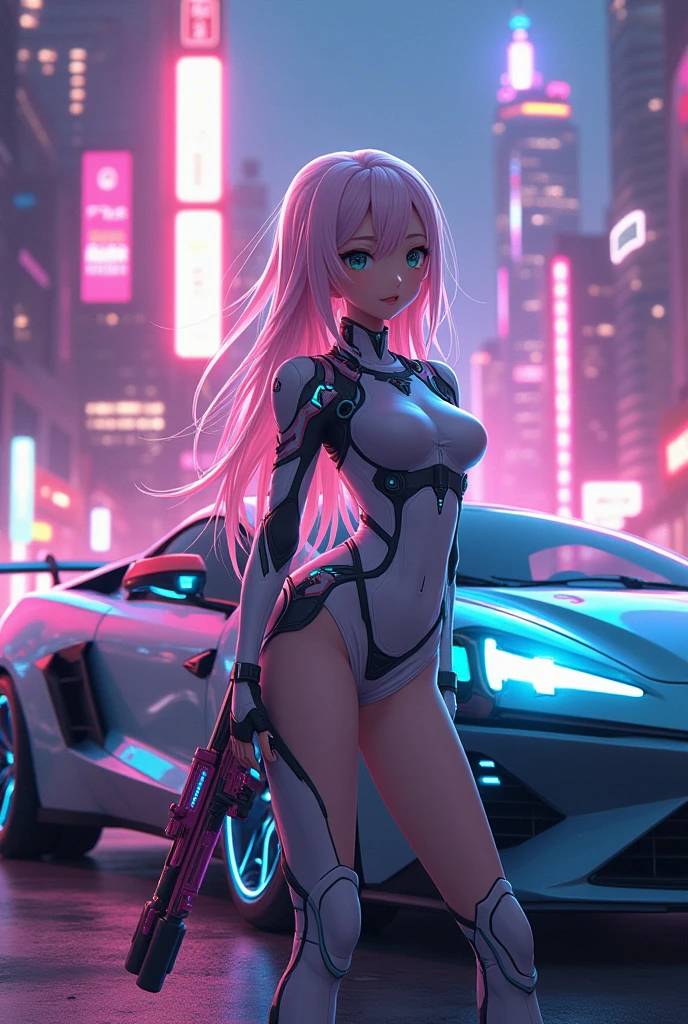 Anime Style。A beautiful girl in a uniform is standing next to a car, holding colorful sci-fi weapons。