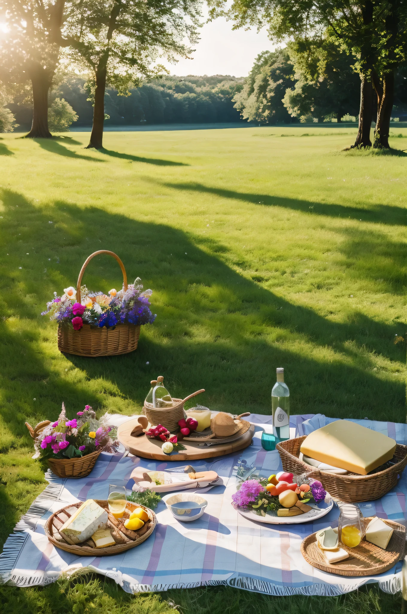 "A European summer picnic scene set in a sun-dappled meadow with soft grass and wildflowers. The aesthetic is light and airy, featuring a cozy blanket in pastel tones, a wicker basket filled with fresh fruits, cheese, and a bottle of wine. There are elegant plates and glasses arranged neatly on the blanket, along with a bouquet of freshly picked flowers. The atmosphere is calm and serene, with warm sunlight filtering through the trees and casting gentle shadows. The overall vibe is relaxed, chic, and effortlessly stylish, capturing the essence of a perfect European summer day."