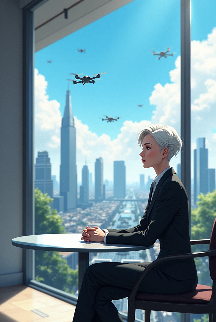 A white-haired adult woman dressed in black, a company president, is sitting in a minimalist cafe. The image is an anime style. The view outside is a futuristic world where robots have entered human life, making life easy and convenient.
