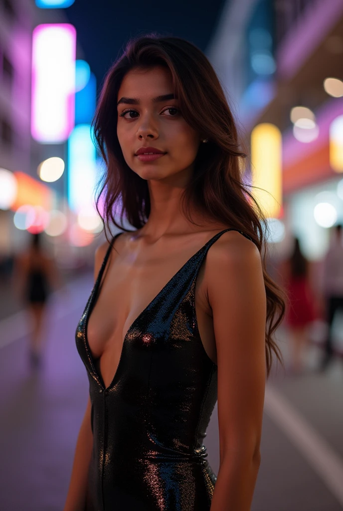 A 16 year old sexy bold Indian girl is wear black shiny glittery bodycon dress 🤣 open breast, slim figure, full body