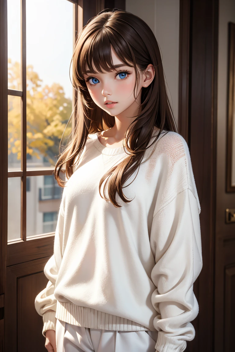 1 girl, white sweaters, from the shoulder, Brown hair, parted lips, Blue eyes, 