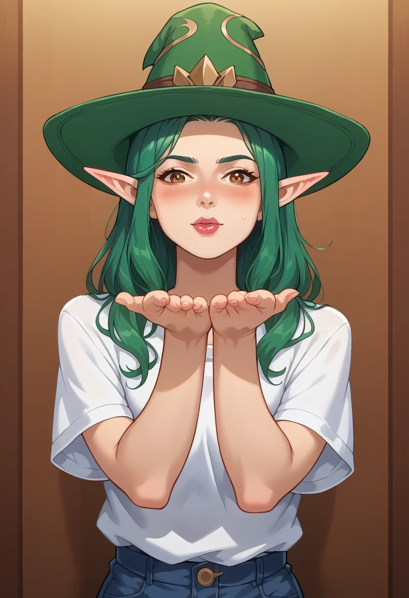 Master piece, girl with green hair and a green hat standing in a room, splash art, style artgerm, elf girl, range murata and artgerm, artgerm lau, vivy, style of artgerm, style league of legends, ruan jia and artgerm, artgerm style, ! dream artgerm