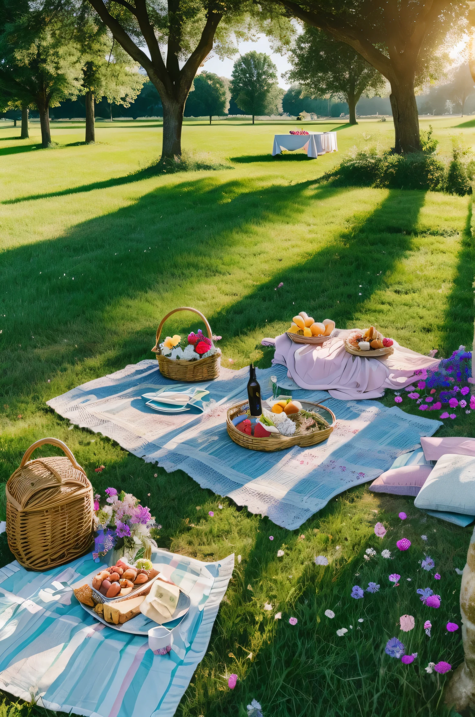"A European summer picnic scene set in a sun-dappled meadow with soft grass and wildflowers. The aesthetic is light and airy, featuring a cozy blanket in pastel tones, a wicker basket filled with fresh fruits, cheese, and a bottle of wine. There are elegant plates and glasses arranged neatly on the blanket, along with a bouquet of freshly picked flowers. The atmosphere is calm and serene, with warm sunlight filtering through the trees and casting gentle shadows. The overall vibe is relaxed, chic, and effortlessly stylish, capturing the essence of a perfect European summer day."