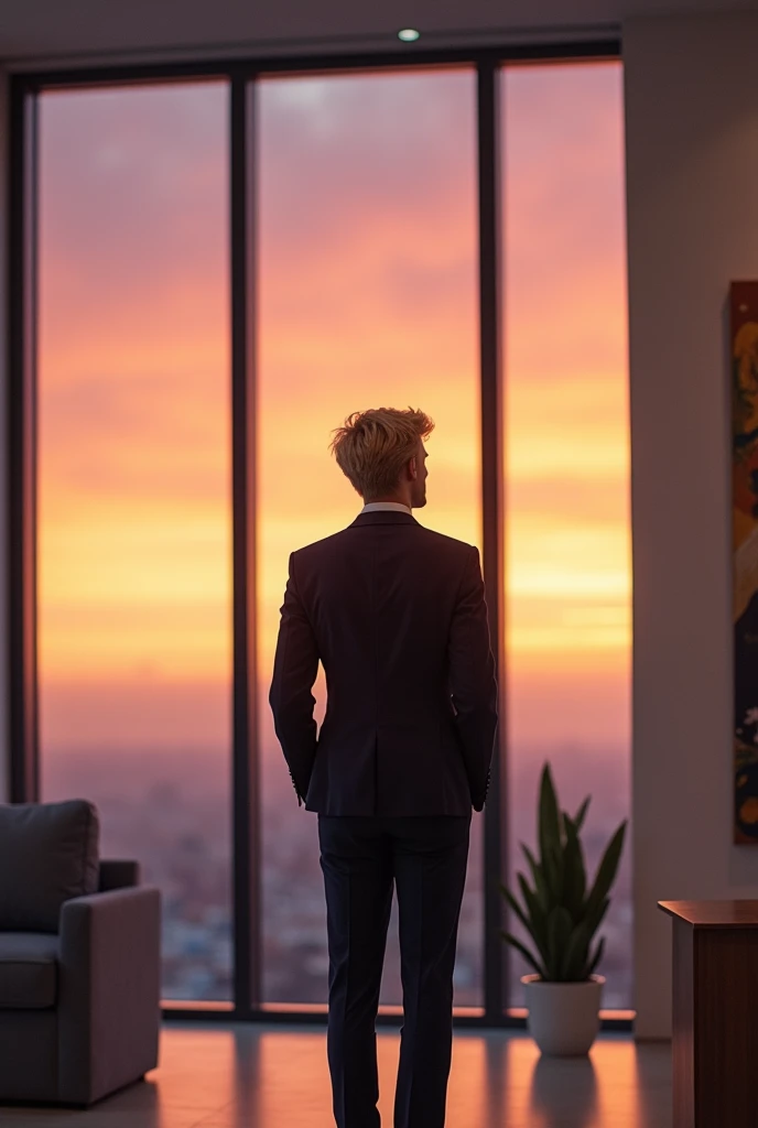 Make me a photo of a man who has blonde hair, wearing suit, standing infront of a glass window as he watches the sunset from his office. The perspective is from his back so we don't need to see his face. Make his office look like a minimalist but slick