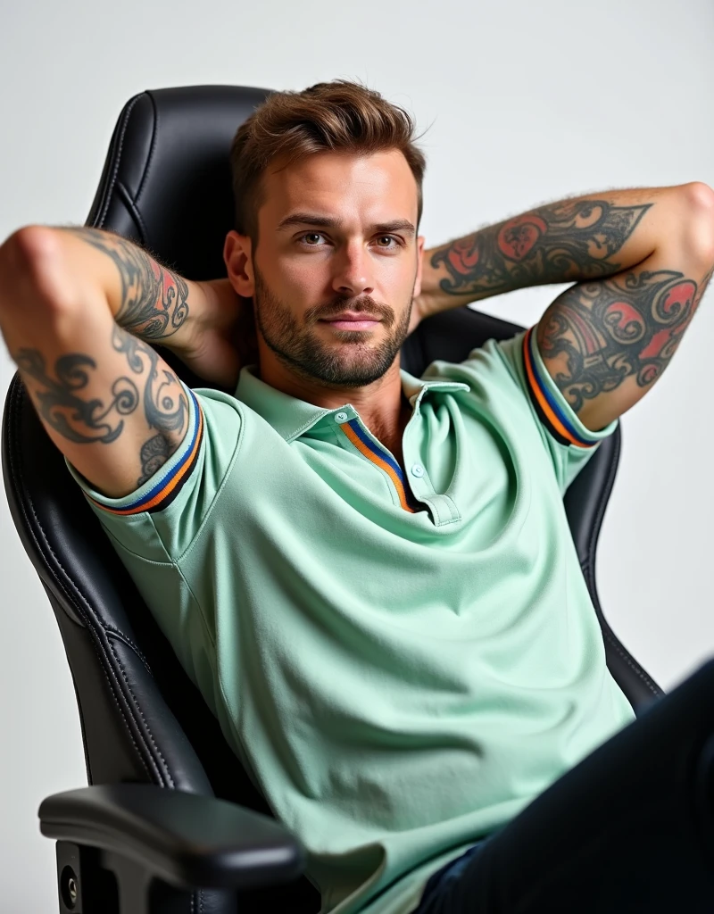 A relaxed, confident man with short, light brown hair and a trimmed beard is sitting back in a gaming chair. His arms are raised behind his head, exposing tattoos on both forearms. muscular body and he is wearing a light green polo shirt with colored stripes on the sleeves. The image is highly detailed and polished, emphasizing his calm expression and the intricate tattoos. The background is clean and isolated, with the subject being the main focus. The overall vibe of the portrait is casual yet professional, suited for a content creator or Twitch streamer persona.