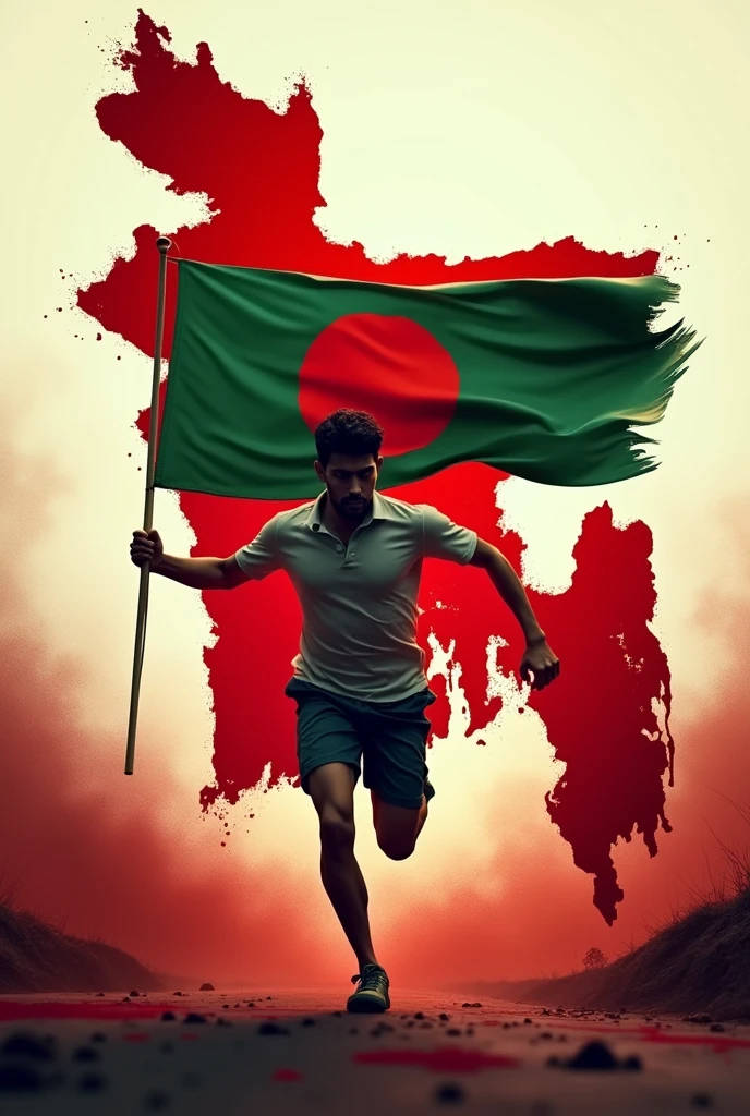 A 3D  crachter young man run with a Bangladesh flag in his hand. Background picture is Bangladesh map with blood
