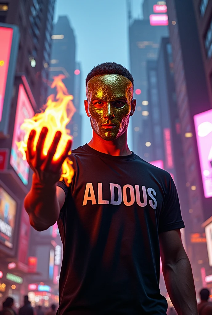 a man wearing a golden mask, and a burning right hand, wearing a shirt that says "ALDOUS", set in a game