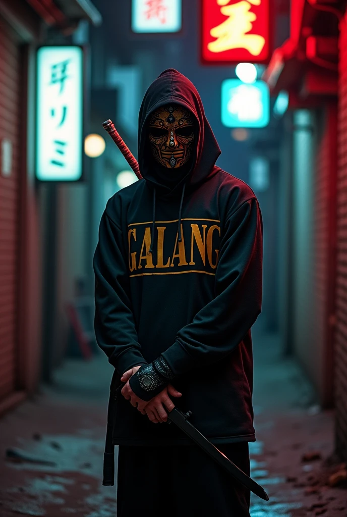 A masked man wearing a samurai sword with the name GALANG written on his shirt 