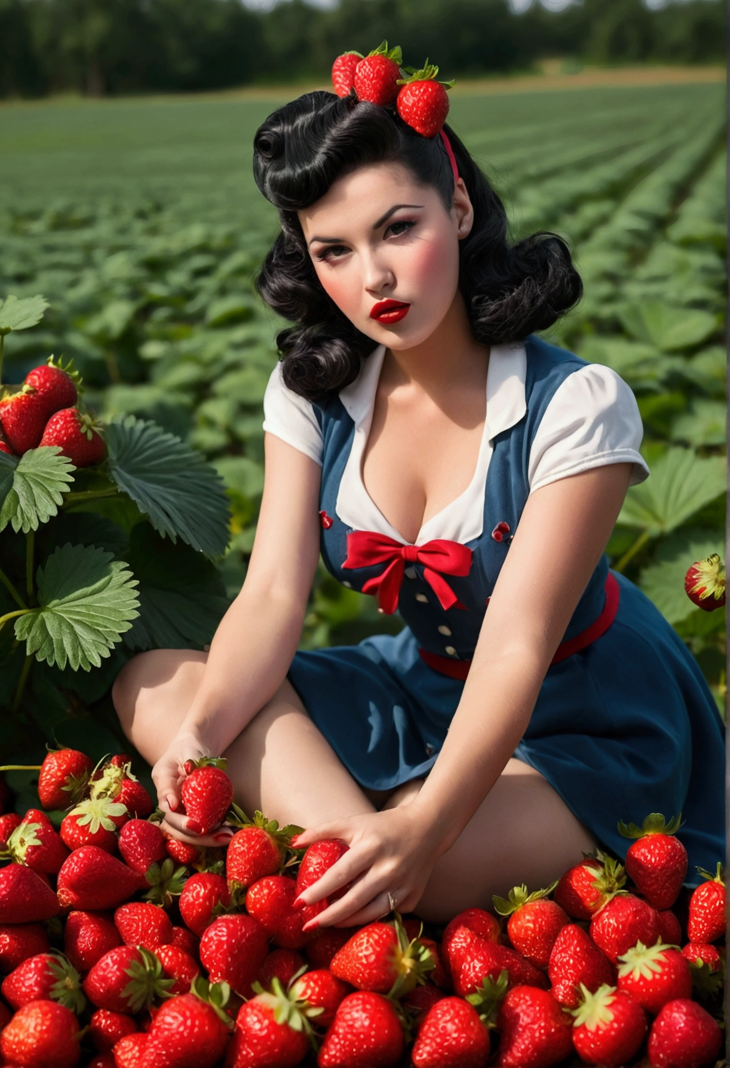 pin-up girl, dark hair with Victory's Rools, sitting on big strawberry