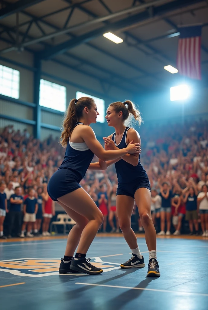 live-action、Two high school girls in uniforms performing dynamic pro wrestling moves.。Many cheers