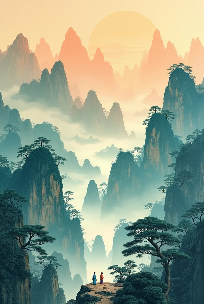An idyllic Chinese mural, Light orange and light cyan style, Layered landscape, Art in the style of ancient Chinese ink painting, monumental murals, Ricoh FF-9D, Golden Age aesthetics, Exotic landscape
